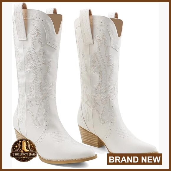 Women's Mid-Calf Cowboy Boots Pointed Toe Embroidered Western Chunky Heel